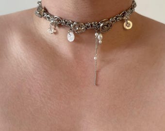 Sliver Button Bead Necklace,Y2k Sliver Chain Neckalce,Unique Choker,Emo Necklace uUnisex ,Punk Necklace Handmade Choker,Egirl Choker Gift