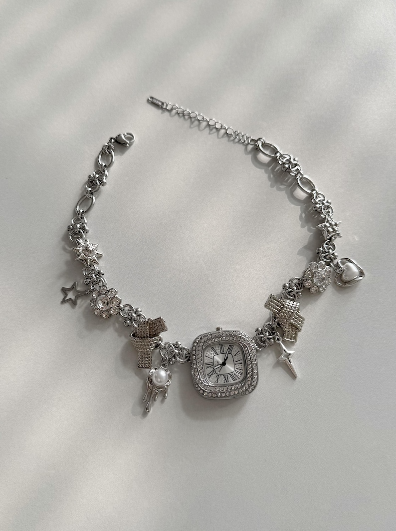 Luxurious Watch Choker Necklace, Y2k Clock jewelry Funky Watch Necklace Cyberpunk Y2K Grunge Necklace,Whimsical Necklace,Diamonds Necklace image 6