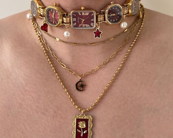 Red Watch Choker Necklace,Vintage Clock Choker with Layered Chain,Punk Watch Choker,Y2k Charms Necklace,Cool Streetwear Jewelry,Gift idea