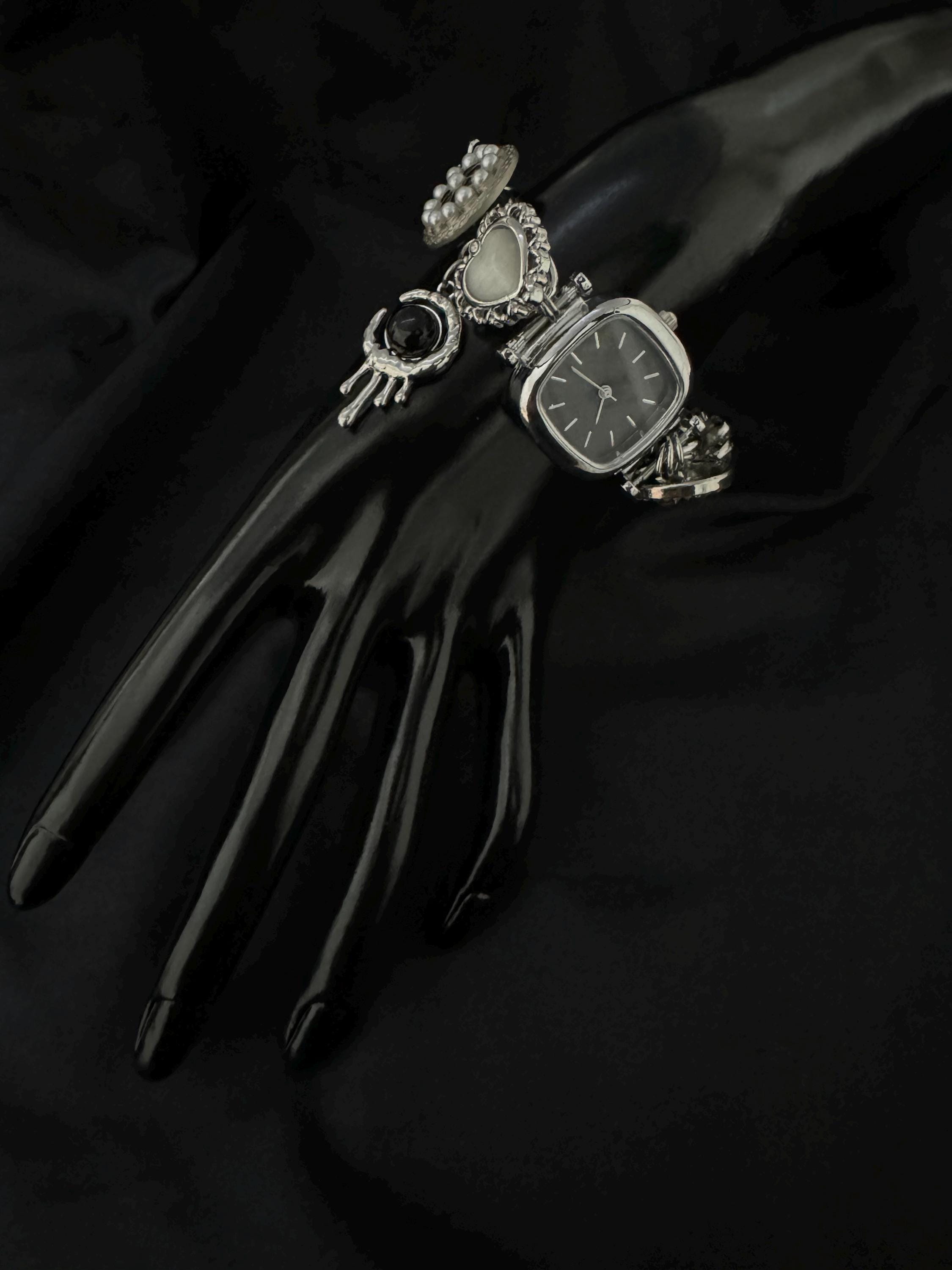 Punk Watch Bracelet | Black & White Y2k Clock Bracelet | Floral Charms Pendent Bracelet | Vintage Women Watch Sliver Chain,Personalized Gift