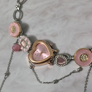 Pink Heart Watch Face Choker Necklace,Cute Clock Necklace,Heart Quartz Watch,Art Inspired Clock Necklace,Y2K Trendy Watch Necklace,Gift Idea image 7