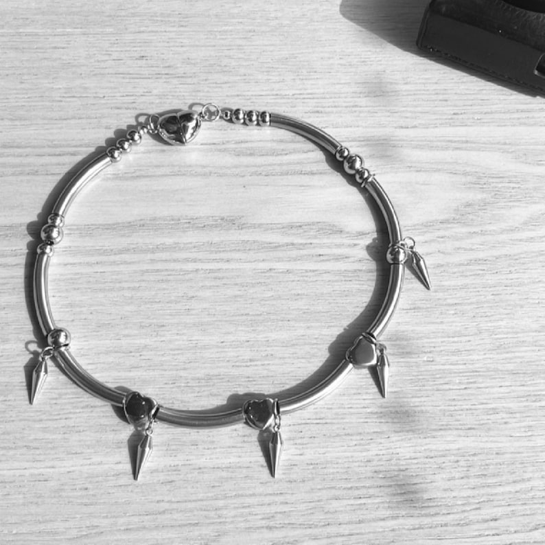 Spike chain choker necklace titanium steel,heart gothic jewelry, rivet punk necklace, punk jewellery, alternative,grunge, emo,y2k choker image 5