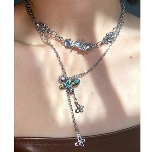 Gothic Y2K Butterfly Necklace/Layered Grunge Sliver Chain/Silver Goth Necklace/Gothic Jewelry/Y2K Gift//Punk Long Necklace/CyberPunk/Gift