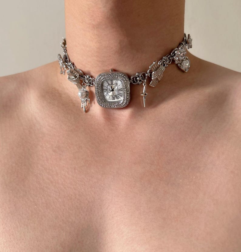 Luxurious Watch Choker Necklace, Y2k Clock jewelry Funky Watch Necklace Cyberpunk Y2K Grunge Necklace,Whimsical Necklace,Diamonds Necklace image 2