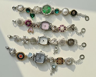 Vintage Sliver Watch Bracelet | Handmade Charm Bracelet | Retro-Inspired Jewelry |Steampunk Watch  |Statement Bracelet|Unique Gift for Women