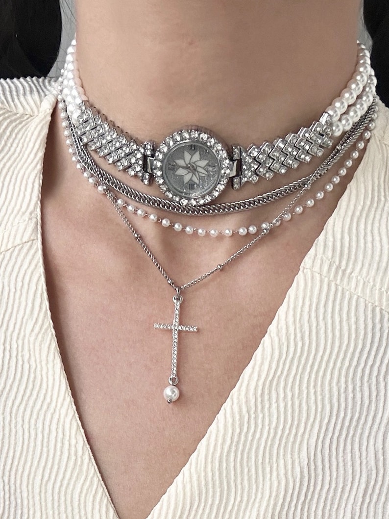 Diamond Watch Necklace,multilayer Clock Necklace,pearl Necklace,grunge