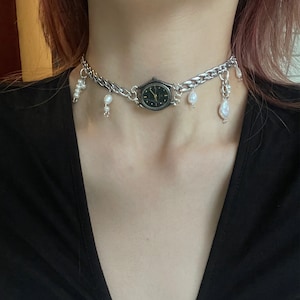 Black watch choker neckalce with pearl,minimalist style chain choker,silver clock choker,cyber punk choker,cool choker,grunge edgy jewelry