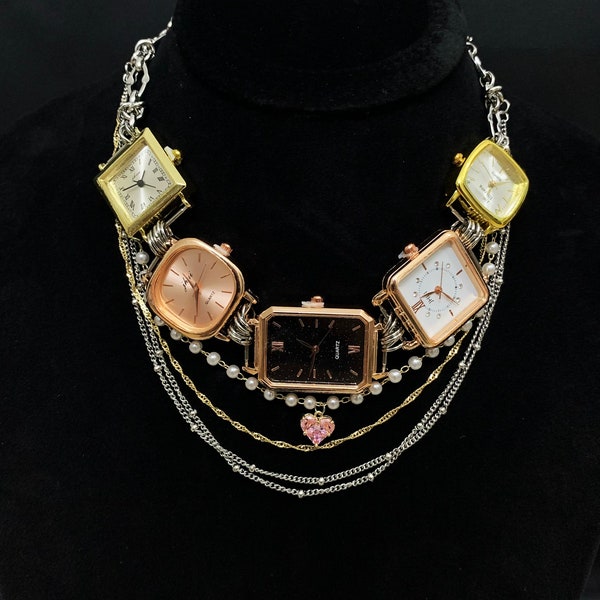 Fünf Batteriebetrieb Uhr Choker Halskette, Einzigartige Uhr Halskette mit geschichteter Kette, Kunst Inspiriert Funky Uhr Halskette, Vintage Schmuck