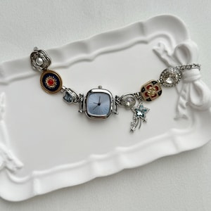 Vintage Sliver Watch Bracelet | Handmade Charm Bracelet | Retro-Inspired Jewelry |Steampunk Watch |Statement Bracelet|Unique Gift for Women Blue