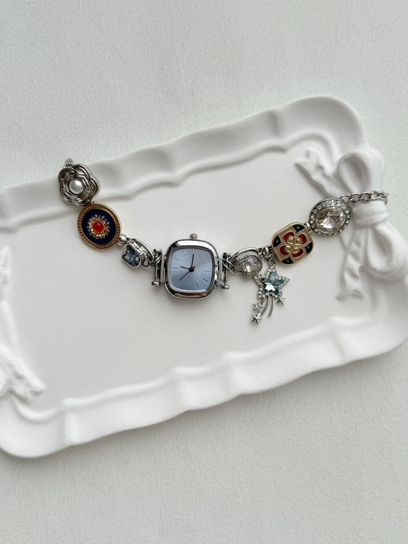 Vintage Sliver Watch Bracelet | Handmade Charm Bracelet | Retro-Inspired Jewelry |Steampunk Watch |Statement Bracelet|Unique Gift for Women Blue