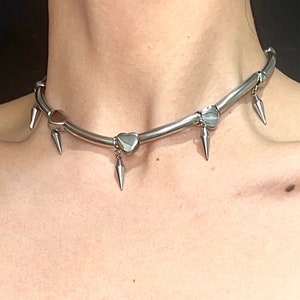 Spike chain choker necklace titanium steel,heart gothic jewelry, rivet punk necklace, punk jewellery, alternative,grunge, emo,y2k choker image 4