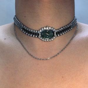 Green Diamonds Watch Choker Neckalce,Minimalist Chain Clock Choker,Vintage Watch Y2k Jewelry,Alternative Jewelry,Cool Elegant Necklace