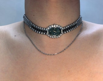 Green Diamonds Watch Choker Neckalce,Minimalist Chain Clock Choker,Vintage Watch Y2k Jewelry,Alternative Jewelry,Cool Elegant Necklace