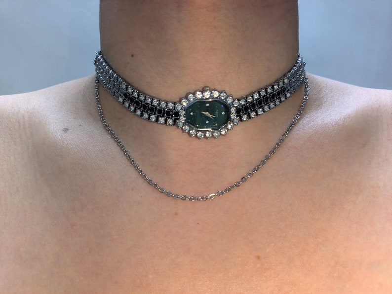 Green Diamonds Watch Choker Neckalce,Minimalist Chain Clock Choker,Vintage Watch Y2k Jewelry,Alternative Jewelry,Cool Elegant Necklace image 1