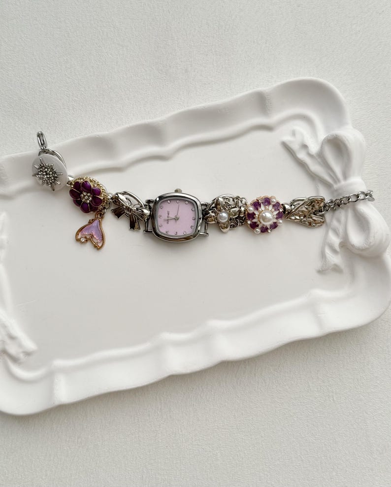 Vintage Sliver Watch Bracelet | Handmade Charm Bracelet | Retro-Inspired Jewelry |Steampunk Watch |Statement Bracelet|Unique Gift for Women Purple