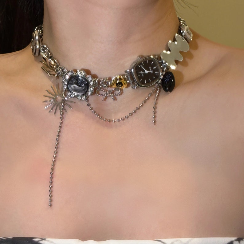 Punkklocka Chokerhalsband, Konstinspirerat Funky Klockhalsband Cyberpunk Y2K Grungehalsband, Nyckfullt Halsband, Trendigt Clutter Coolt Halsband bild 8