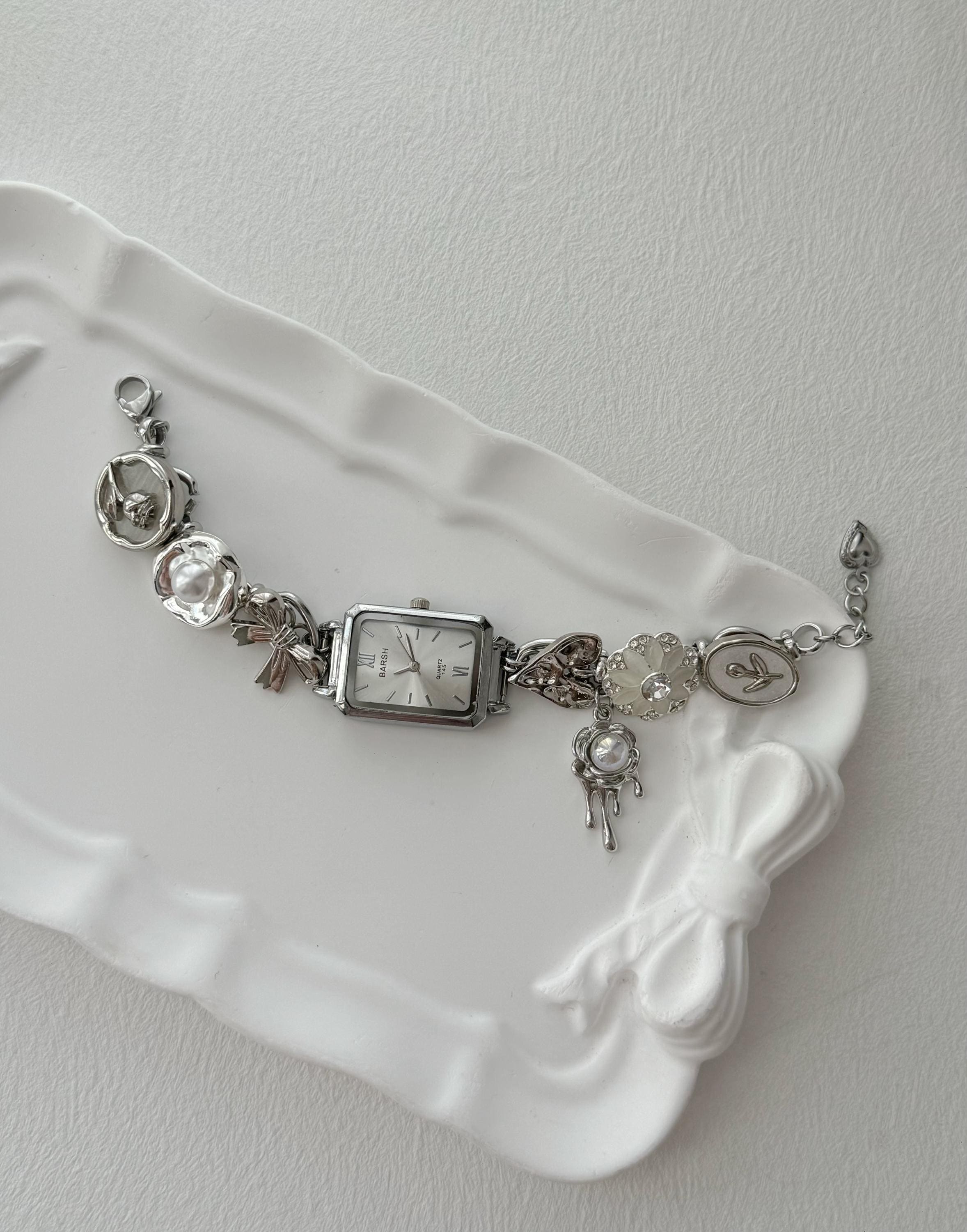 Punk Watch Bracelet | Black & White Y2k Clock Bracelet | Floral Charms Pendent Bracelet | Vintage Women Watch Sliver Chain,Personalized Gift