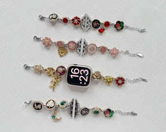 Bransoletka inspirowana stylem vintage, kompatybilna z zegarkiem Apple Watch, kolorowe zawieszki pasujące do zegarka Apple Watch, pasek ze stali nierdzewnej, pasuje do zegarka o średnicy 38–49 mm