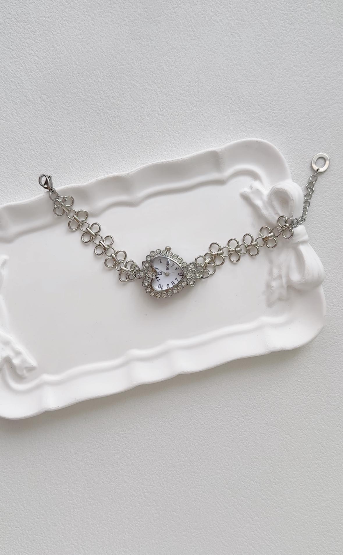 Vintage Silver Watch Charm Bracelet | Heart Round Dial Chain Bracelet ...