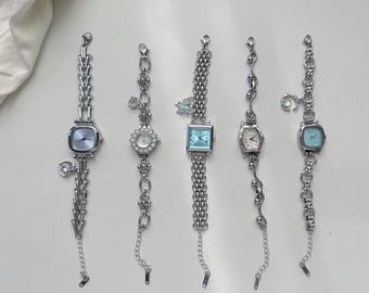 Delicate Silver Chain Watch,Custom Vintage Square Dial Bracelet, Blue Charm Bracelet Wwatch,Retro Style Women’s Wristwatch,Perfect Gift Idea