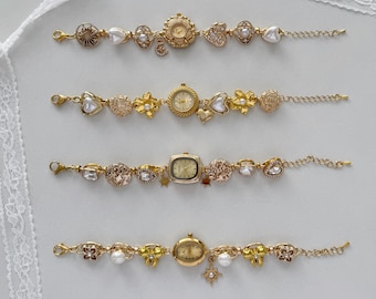 Barock goldenes Armband mit Perlen und Herzen, Retro Armband mit kleinem Zifferblatt, Vintage Style Armband Geschenk, handgemachter zeitloser Schmuck