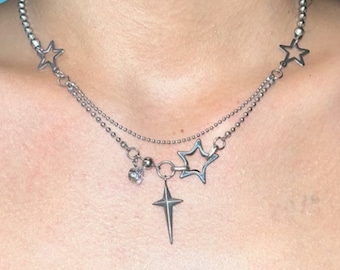 Starburst Pendent Halskette, Y2k Star Halskette Unisex, Sliver Kette Halskette Layered, Emo Schmuck Minimalist Grunge Punk Streetwear Kpop Choker