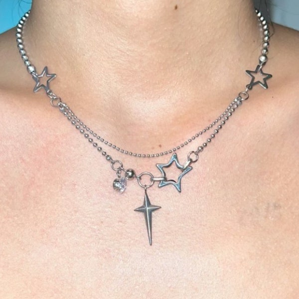 Starburst Pendent Halskette, Y2k Star Halskette Unisex, Sliver Kette Halskette Layered, Emo Schmuck Minimalist Grunge Punk Streetwear Kpop Choker