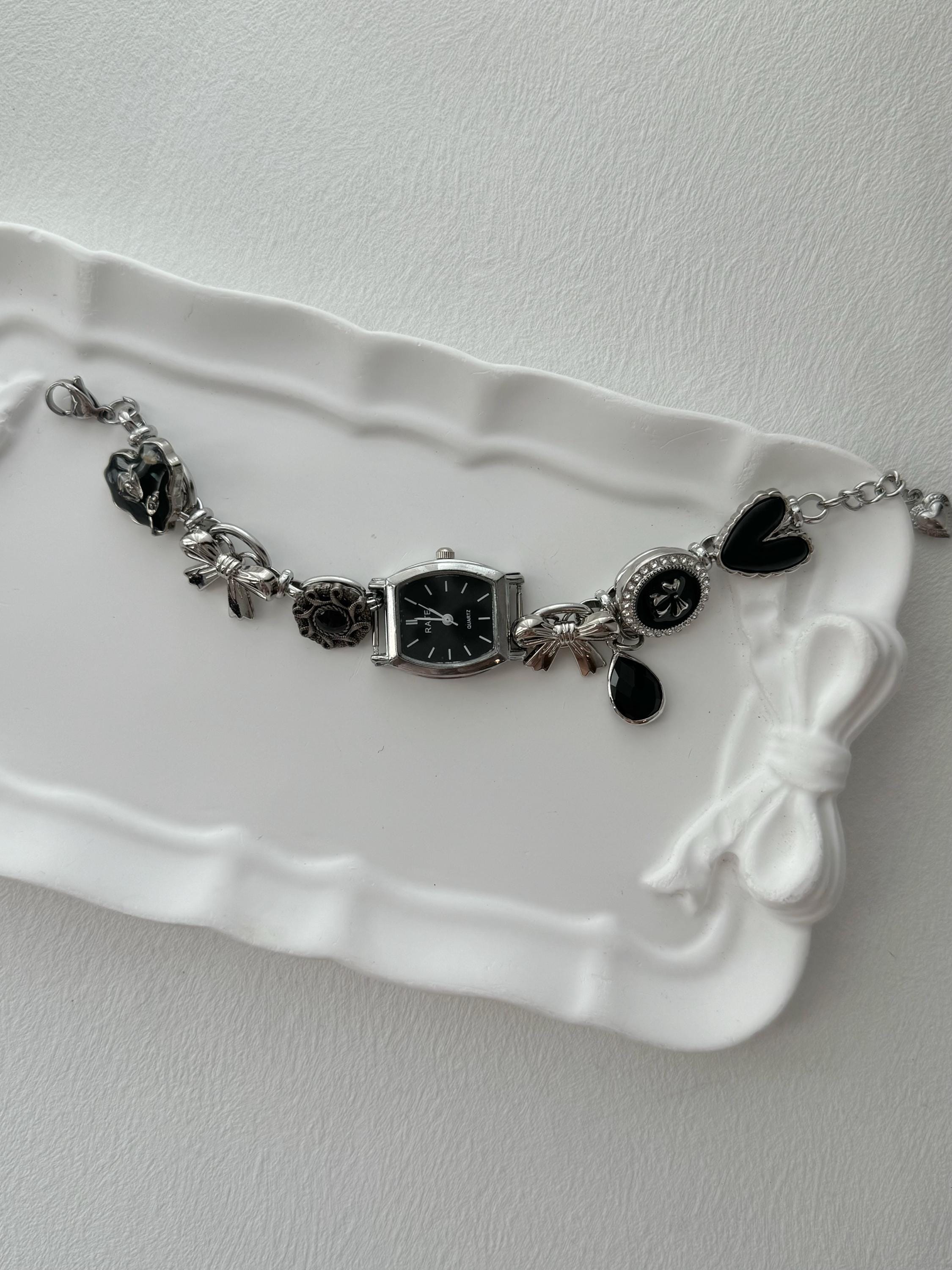 Punk Watch Bracelet | Black & White Y2k Clock Bracelet | Floral Charms Pendent Bracelet | Vintage Women Watch Sliver Chain,Personalized Gift