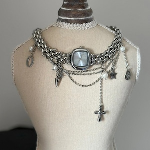 Vintage-Uhrenhalskette, Uhr-Halskette, ausgefallene Halskette, Y2K-Uhrenhalskette, Kreuzperlen-Uhrenhalskette, trendige Quarz-Halskette Bild 4