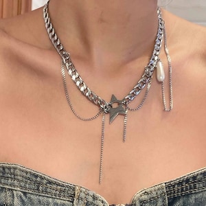 Star necklace Sliver Chain,Y2k Necklace Streetwear chocker,Punk necklace,Gothic style choker,layer choker,punk jewelry, Celestial Jewellery