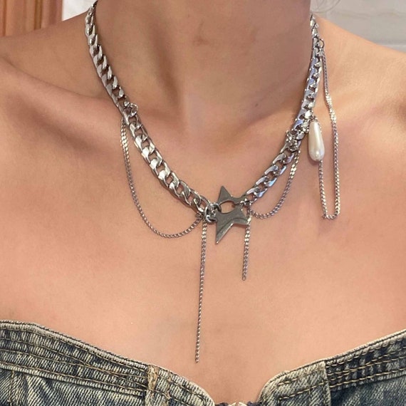 Star Necklace Sliver Chain,y2k Necklace Streetwear Chocker