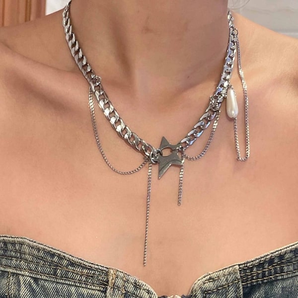 Star necklace Sliver Chain,Y2k Necklace Streetwear chocker,Punk necklace,Gothic style choker,layer choker,punk jewelry, Celestial Jewellery