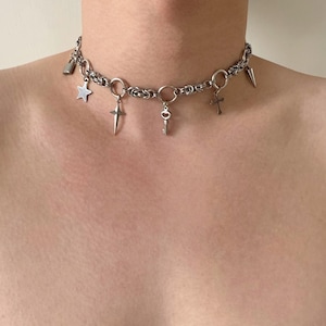 Punk Charm Chain Necklace with Lock Key Cross Star Spikes,Stainless Steel Chain Choker,Gothic Silver Choker,Grunge Y2K Everyday Jewelry