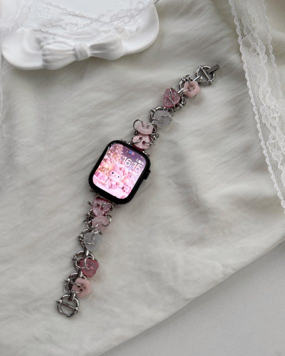 Cute Apple Watch Strap,Handmade Wrist Strap for Apple Watch,Pink Smart Watch Band Compatible eith Apple Watch,Chain Link Band,Christmas Gift