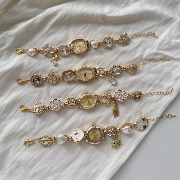 Reloj pulsera con dijes retro, joyería con dijes de perlas y cuentas chapadas en oro, reloj femenino y romántico, delicado reloj de pulsera, regalo personalizado para mujer