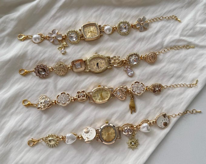 Retro Charms Watch Bracelet,Gold Plated Pearl & Bead Charms Jewelry,Feminine Romantic Timepiece,Dainty Wristwatch,Custom Gift for Women