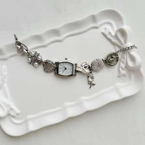 Vintage Sliver Watch Bracelet | Handmade Charm Bracelet | Retro-Inspired Jewelry |Steampunk Watch |Statement Bracelet|Unique Gift for Women White