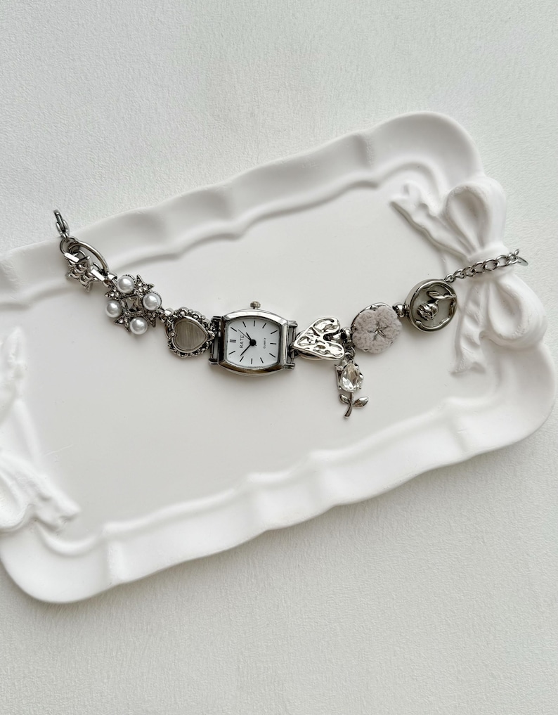 Vintage Sliver Watch Bracelet | Handmade Charm Bracelet | Retro-Inspired Jewelry |Steampunk Watch |Statement Bracelet|Unique Gift for Women White