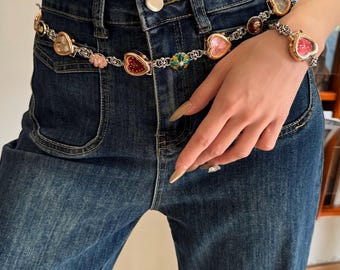 Pasek z łańcuszkiem w kształcie serca w stylu vintage, kolorowy, ręcznie robiony łańcuszek do jeansów, pasek do spodni z zawieszką kwiatową, łańcuszek biodrowy z motywem Y2K, biżuteria retro dla kobiet i dziewcząt
