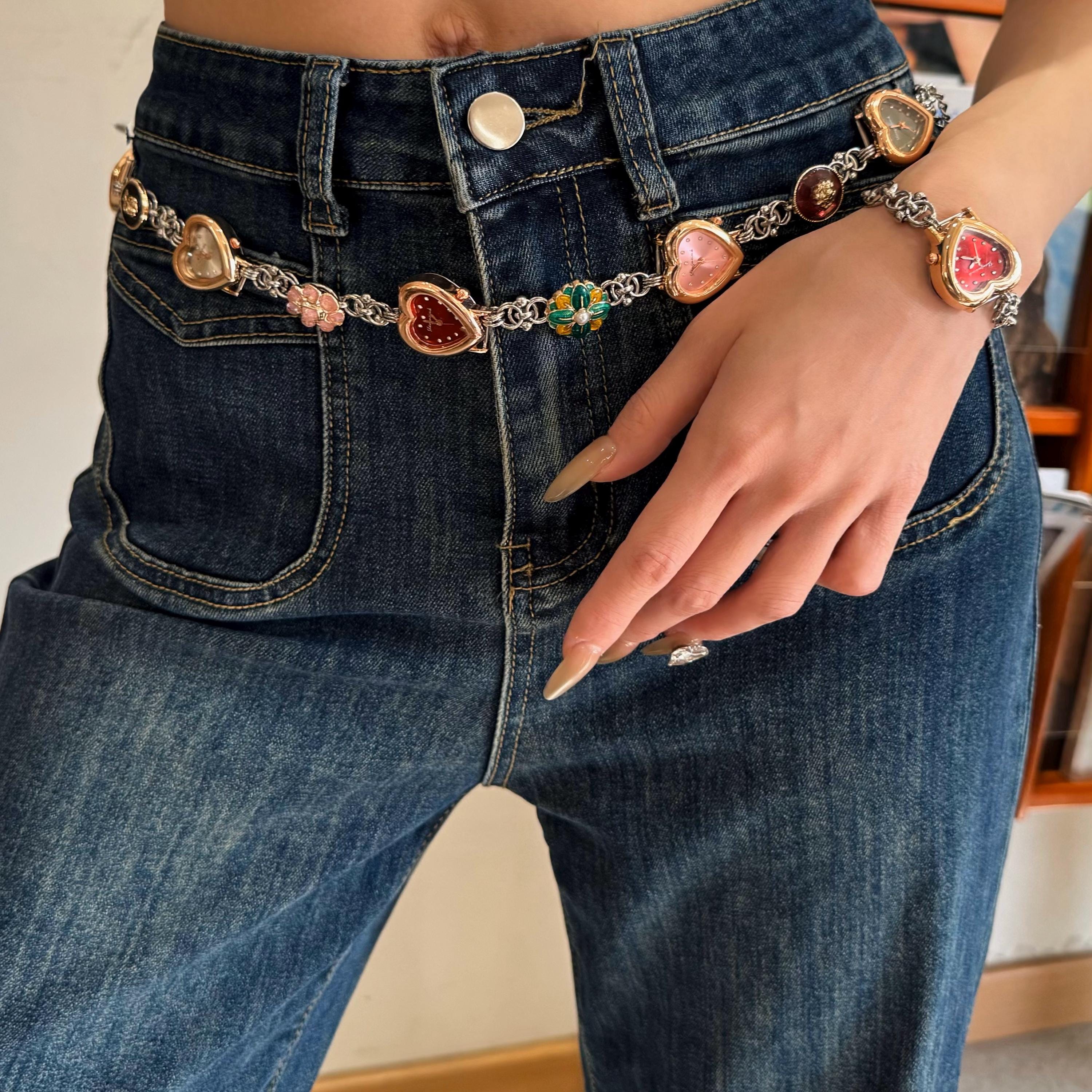 Vintage Heart Watch Waist Chain Belt,colorful Handmade Jeans