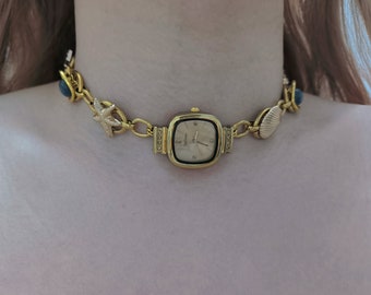 Retro gold watch choker with button,ocean starfish seashell charm quartz clock choker,80s clock necklace,cyber jewelry funky watch jewelry