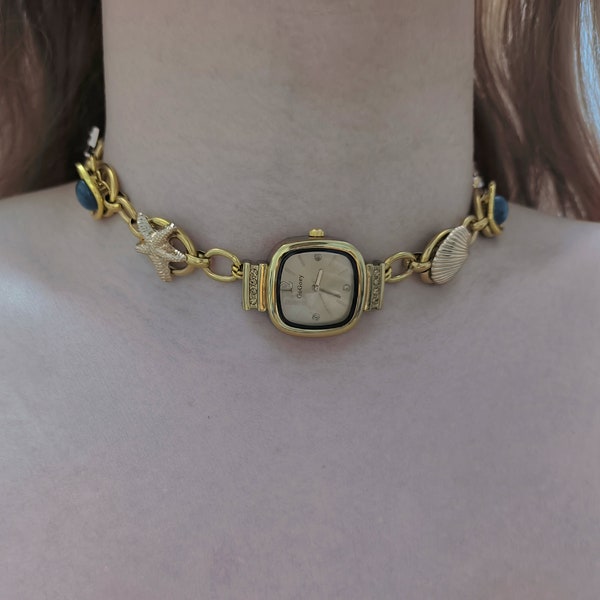 Retro gold watch choker with button,ocean starfish seashell charm quartz clock choker,80s clock necklace,cyber jewelry funky watch jewelry
