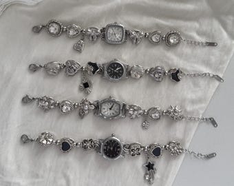 Punk Watch Bracelet | Black & White Y2k Clock Bracelet | Floral Charms Pendent Bracelet | Vintage Women Watch Sliver Chain,Personalized Gift