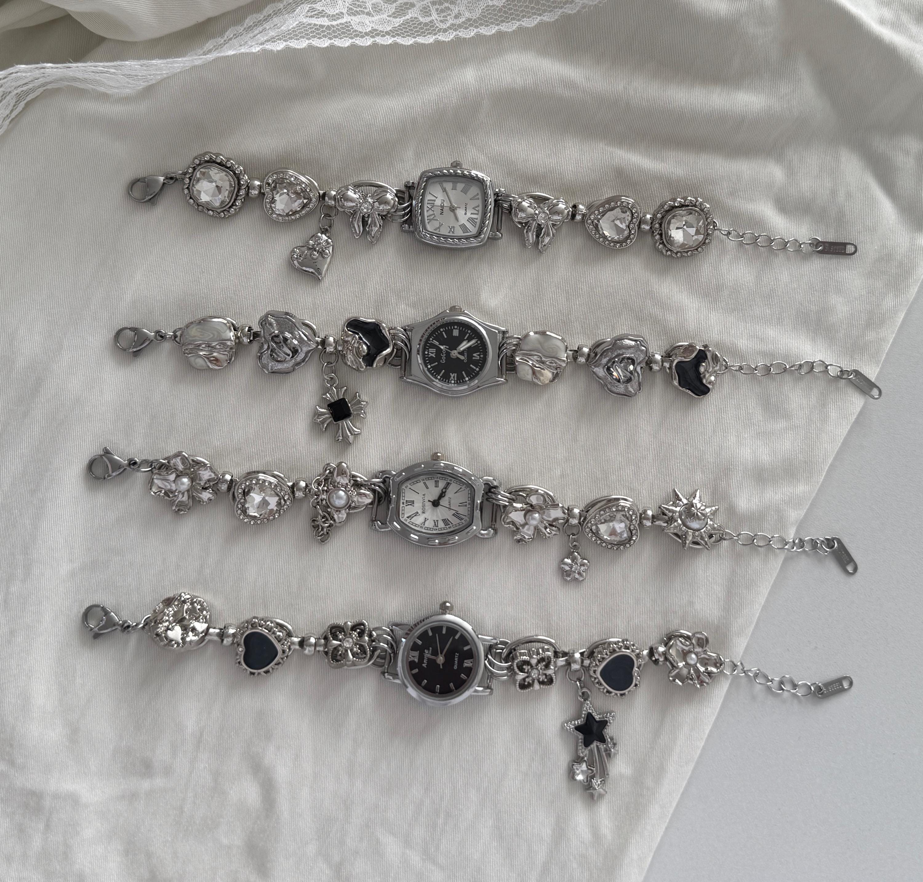 Punk Watch Bracelet | Black & White Y2k Clock Bracelet | Floral