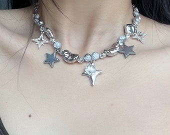 Sliver Star Necklace Y2K Futuristic Choker,Gothic Grunge Star Choker,Glass Bead Star Pendent Necklace,Star Jewelry,Punk CyberPunk Necklace