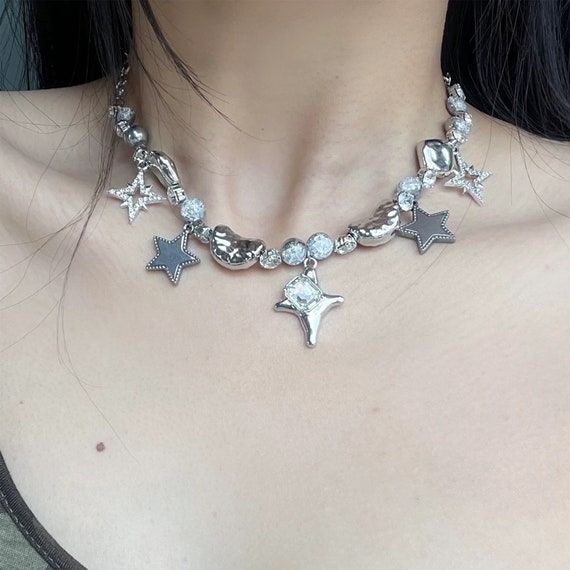 Sliver Star Necklace Y2K Futuristic Choker,gothic Grunge