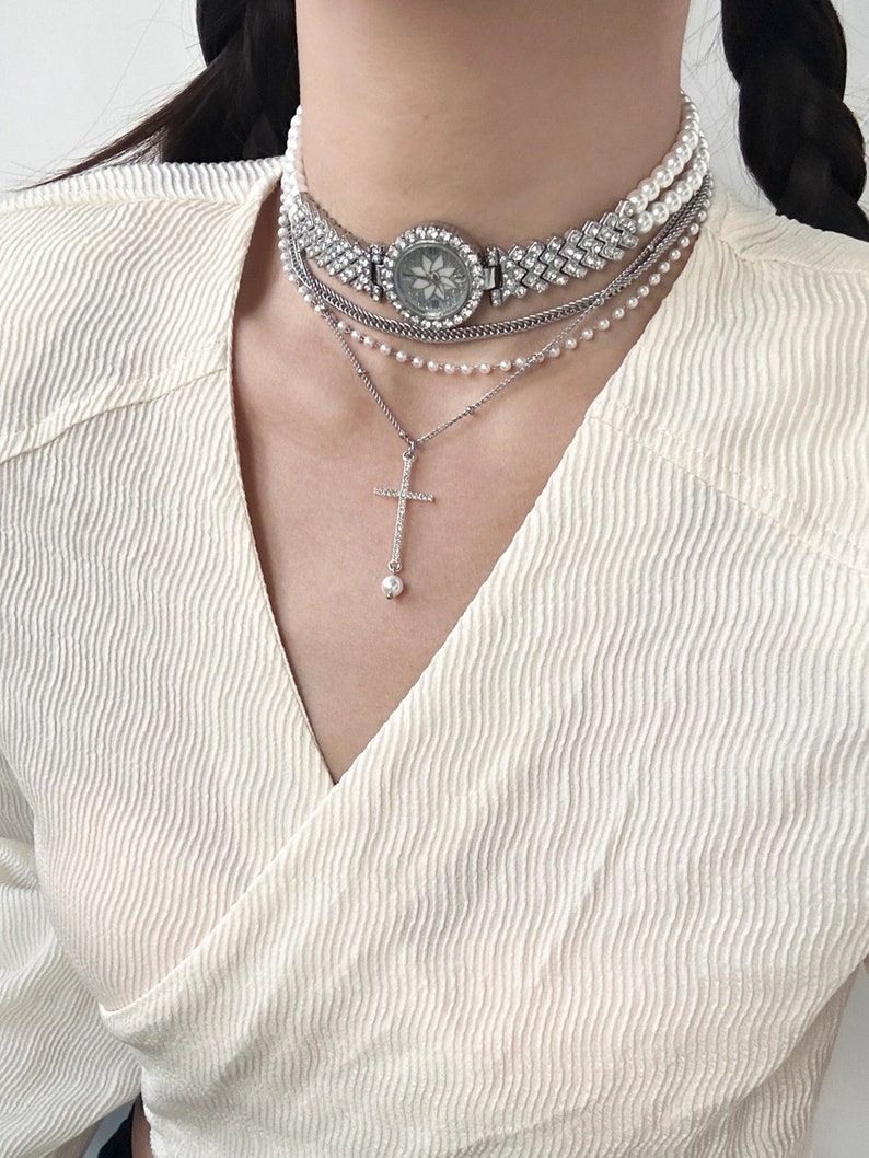 Diamond Watch Necklace,multilayer Clock Necklace,pearl Necklace,grunge