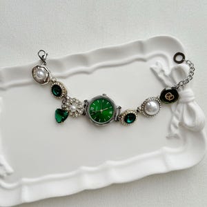 Vintage Sliver Watch Bracelet | Handmade Charm Bracelet | Retro-Inspired Jewelry |Steampunk Watch |Statement Bracelet|Unique Gift for Women Green