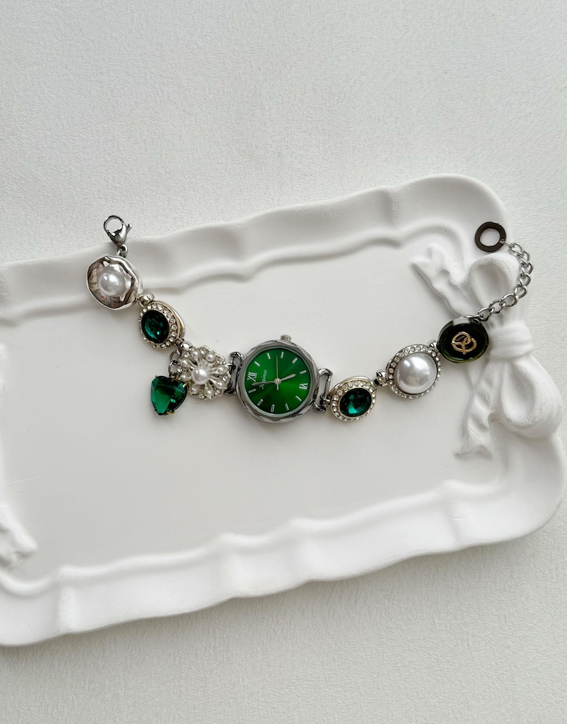 Vintage Sliver Watch Bracelet | Handmade Charm Bracelet | Retro-Inspired Jewelry |Steampunk Watch |Statement Bracelet|Unique Gift for Women Green