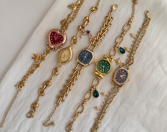 ハンドメイドウォッチブレスレット、女性用ヴィンテージゴールドウォッチジュエリー、レトロウォッチジュエリー、Y2Kチャームウォッチブレスレット、小さな腕時計、彼女へのギフト